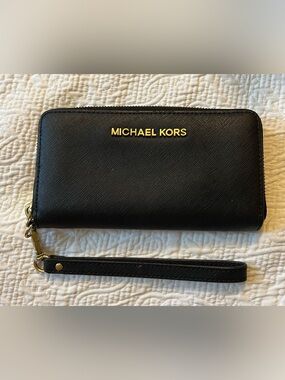 Michael Kors Black Saffiano Wallet with Gold Logo